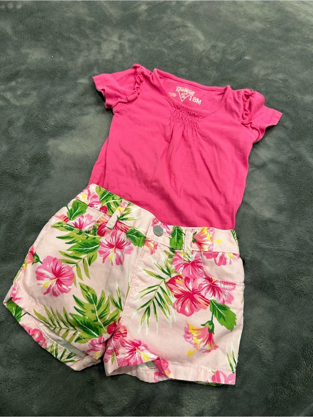OshKosh B'gosh Hot Pink Bodysuit with Floral Pink & Green Shorts